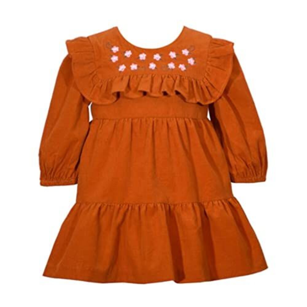 Baby Girls Three Quarter Sleeved Dress With Ruffled Floral Bib - Picture 2 of 2